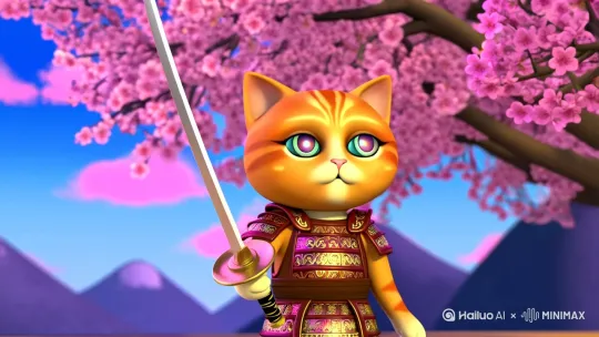 圆脸橘猫穿着日式剑圣铠甲，手持迷你武士刀站在樱花树下，3D卡通渲染风格，浅金色毛发泛着柔光，树叶飘落轨迹清晰可见，蓝紫色天空背景搭配粉色云朵，猫咪眼睛使用虹彩渐变特效，景深效果突出毛发细节，战斗姿态前爪微抬，刀身反射樱花色光晕，背景加入水墨风山峦轮廓[右移,左摇,跟随] by Hailuo AI Video Generator
