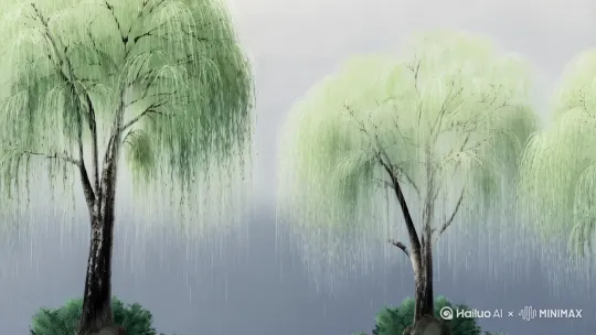 水墨质感的唐代边塞清晨，青灰色主色调中晕染淡绿柳色，湿润的空气中悬浮着细密雨丝，古风写意山水画风格，4K电影质感，两位唐代文人在街头挥手道别，拉远展现场景 by Hailuo AI Video Generator