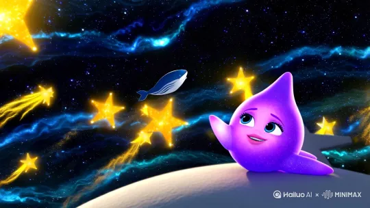 银河的波浪轻轻摇晃着紫色的小星星，她蜷缩在月亮船尾，看着远处嬉闹的金色星群。那些星星每次弹跳都会在夜空划出闪亮的弧线，像是用光编织的跳绳。

"要是我能跳得那么高就好了。"闪闪摸了摸自己身上忽明忽暗的紫光，她的光芒总是比其他星星柔和些。云鲸从她头顶游过时，抖落的雾气沾湿了她的星角。

流星雨来临的夜晚，闪闪发现银河深处闪烁着不寻常的蓝光。她顺着星藤滑向发光处，星藤上的冰晶刺得她直打颤。穿过钻石星云时，七色光斑在她身上投下彩虹纹路。

"救命..."微弱的呼唤从玫瑰星云后方传来。六颗小流星被星尘锁链困住，他们的尾焰快要熄灭了。闪闪想起月亮婆婆说过，紫色星光能融化古老星尘。她深吸一口气，把全部光芒聚集成光束。

锁链断裂的瞬间，流星们绕着闪闪跳起环舞，星尘在他们身后织成发光的网。"这个送给你。"领头的流星摘下自己尾焰里的晶石，化作紫色星尘项链系在闪闪颈间。

返程的星藤比来时更亮了，那些金色星星忽然都朝她靠过来。"你的光里有银河的味道！"最活泼的金星蹭了蹭她的星角。这时闪闪才发现，自己的光芒不知何时变得清透明亮，像浸过月光的紫水晶。[推进,上升] by Hailuo AI Video Generator