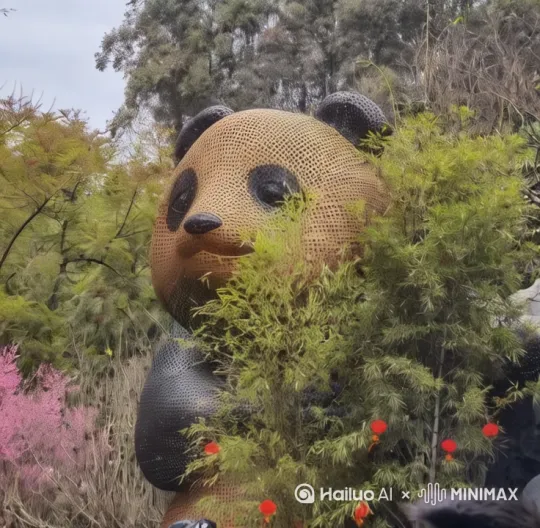 让大熊猫欢快的走出三林，骑上一匹枣红马去逛街，买一串糖葫芦，骑在马上东张西望，气定神闲的溜达 by Hailuo AI Video Generator