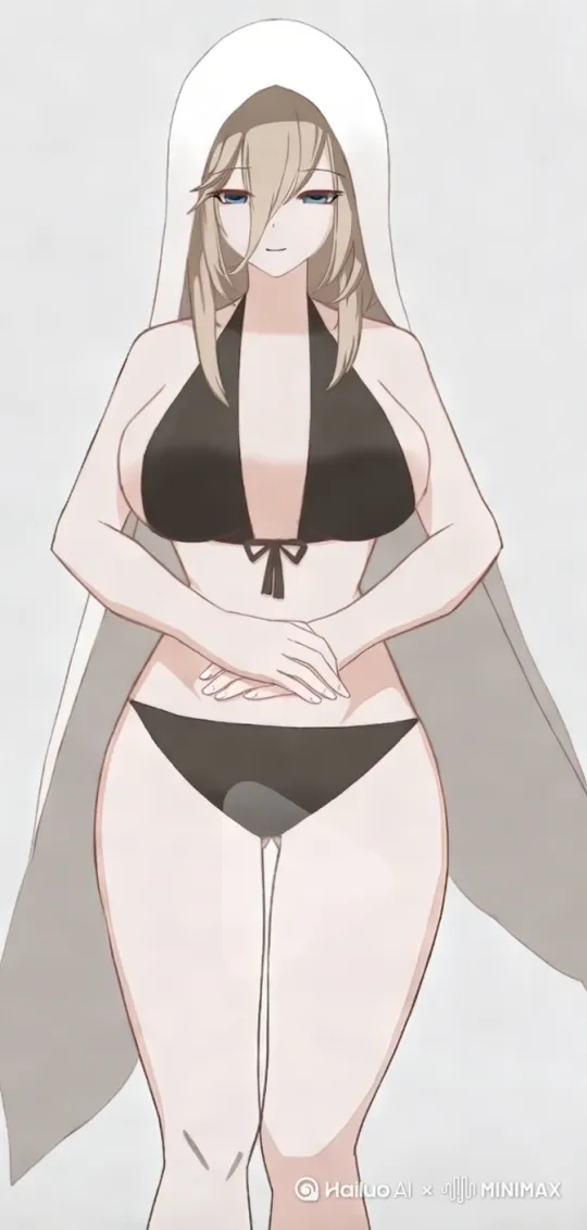 这个女这个女人穿脱了白色的披风，再穿上一件黑丝，开始性感妩媚的跳舞，看起来满脸享受 by Hailuo AI Video Generator