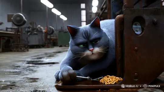 **《蓝猫的螺丝钉》**  

车间的白炽灯管嗡嗡作响，在油腻的水泥地上投下青灰色的光。肥胖的蓝猫蜷在流水线旁，爪垫早已磨得发黑，机械地重复着同一个动作——抓起螺丝，塞进孔位，拧紧，再抓起下一颗。  

它的黑眼圈像两团晕开的机油，沉重地坠在脸上，眼皮半耷拉着，几乎遮住了浑浊的瞳孔。胡须上黏着泡面碎屑，毛色被金属粉尘染得灰扑扑的，肚腩卡在操作台边缘，随着拧螺丝的节奏一下下蹭着锈蚀的铁皮。  

头顶的喇叭突然炸响班长的呵斥：“**D区！螺丝打歪了！扣绩效！**”蓝猫的耳朵一抖，爪子下意识地加快动作，可越急越错，一颗螺丝“叮”地弹飞出去。它望着滚远的螺丝钉，突然想起老家窗台上也曾有过一颗反光的、像星星的东西——那是多久以前的事了？  

流水线不会停。背后传来推车的哐当声，下一筐零件已经抵上它的尾巴尖。 by Hailuo AI Video Generator