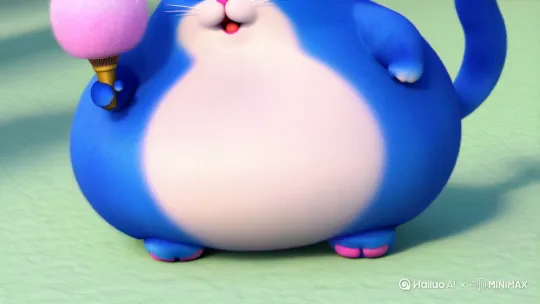 【主体描述】
一只体型圆润的蓝白相间猫咪，脸颊饱满如蓬松的棉花糖，眼睛眯成慵懒的弧线，粉红色鼻头微微发亮。短粗的四肢撑起圆滚滚的身体，肚子因重力下垂形成可爱的三层褶皱，尾巴像蓬松的鸡毛掸子卷在身侧。肉垫呈嫩粉色，

手里拿着麦克风唱着我怀念的

【风格提示】
吉卜力式细腻笔触，皮克斯动画的立体感渲染，毛发光泽带有半透明质感。采用2.5D视角微微俯拍，背景虚化突出猫咪主体，色彩饱和度偏高但不过度艳丽，强调柔软蓬松的触觉联想。

忘情的歌唱闭上眼睛

建议搭配权重参数：(soft lighting:1.3),(textured fur:1.2),(chubby cat:1.5),(comic style:1.4) 可增强画面表现力。 by Hailuo AI Video Generator