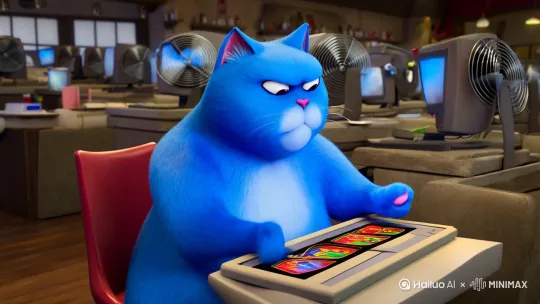 一只蓝色的胖猫在网吧打游戏，被网管抓起来去当座椅 然后这个蓝色的胖猫掏出了一张电影票 by Hailuo AI Video Generator