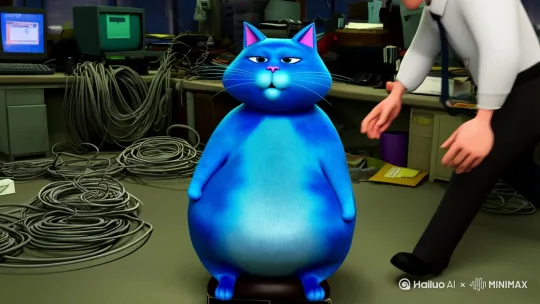 一只蓝色的胖猫被网管抓起来去当座椅 然后这个蓝色的胖猫掏出了一张电影票 by Hailuo AI Video Generator