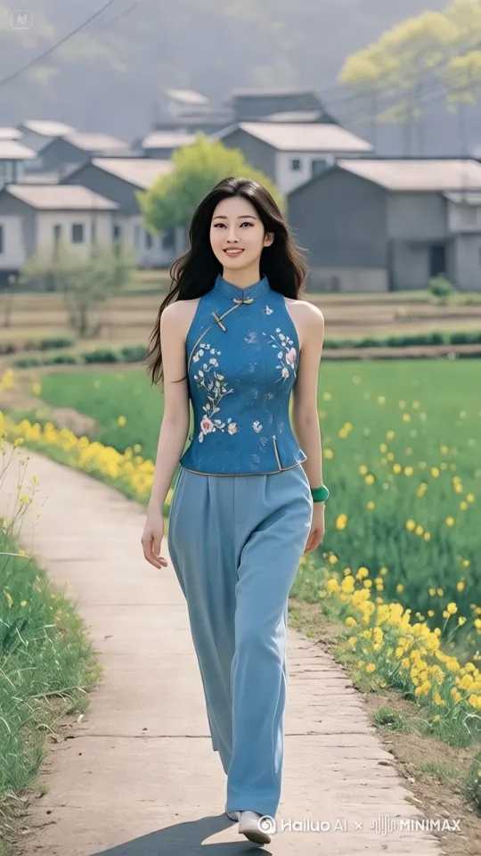 美美女缓缓的走在路上，神情自若，风吹过，有发丝随风飘起，相机移动，镜头跟随，智能运镜，动作要丝滑自然。 by Hailuo AI Video Generator