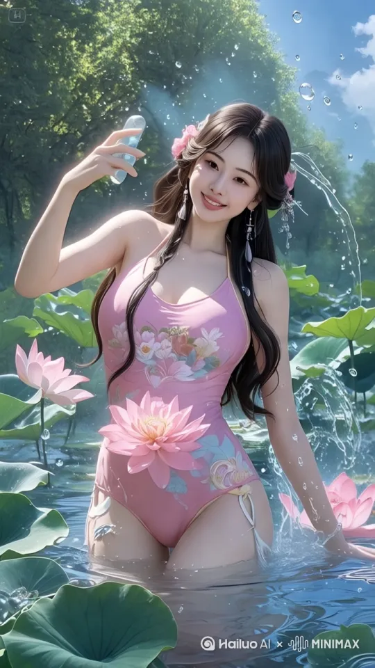 美美女在池中戏水，图中相关景像随动，智能运镜，动作丝滑自然。 by Hailuo AI Video Generator