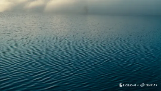 从深蓝幽静流动的海洋中缓慢上升，离开水面后是白茫茫的雾气，镜头缓慢推进和上摇，一个背影慢慢走进雾气消失了，镜头停止 by Hailuo AI Video Generator