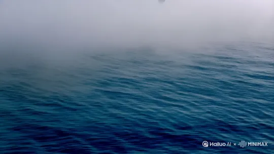 从深蓝幽静流动的海洋水面下缓慢[上升]露出水面后是白茫茫的雾气，镜头缓慢[推进]一个背影慢慢走进雾气消失了 by Hailuo AI Video Generator