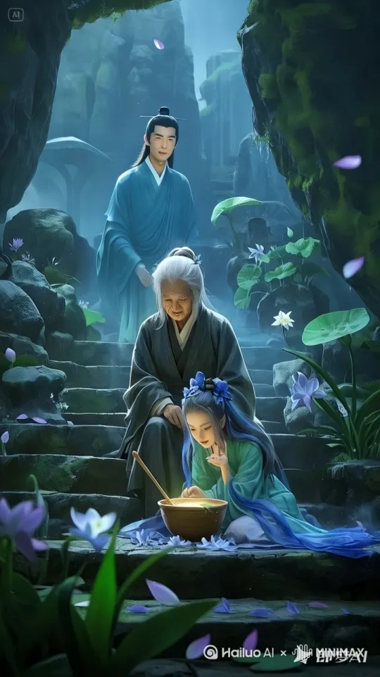 要让这张图片动起来，可以通过以下步骤来实现：

1. **场景分解**：
   - 首先，将图片中的各个元素分解出来，包括人物、花朵、石阶、背景等。

2. **动画设计**：
   - **人物动作**：可以设计一些自然的动作，比如前面的小女孩搅拌碗中的东西，老人微微点头或微笑，背景中的人物可以缓慢走动或做出一些手势。
   - **花朵飘落**：增加一些花朵飘落的动画效果，让花瓣缓缓落下，增加画面的动态感。
   - **水流效果**：如果有流水的地方，可以加入水流的效果，让画面更加生动。
   - **背景变化**：可以加入一些轻微的背景变化，比如云雾的飘动或者光线的变化。

3. **工具选择**：
   - 使用动画制作软件，比如Adobe After Effects、Blender等，可以实现复杂的动画效果。
   - 如果需要更简单的动画，可以使用在线工具如Animaker、Canva等。

4. **实现步骤**：
   - **导入素材**：将分解出来的素材导入动画制作软件。
   - **设置关键帧**：为每个元素设置关键帧，确定它们在不同时间点的位置和状态。
   - **添加特效**：根据需要添加特效，比如花瓣飘落、水流、光线变化等。
   - **预览和调整**：预览动画效果，根据需要进行微调，确保每个元素的动作自然流畅。

5. **导出和分享**：
   - 完成动画制作后，导出为视频格式（如MP4、MOV等）。
   - 可以将动画视频分享到社交媒体平台，或者嵌入到网页中展示。

通过以上步骤，可以让这张静态的图片变得生动起来，增加视觉吸引力和趣味性。 by Hailuo AI Video Generator