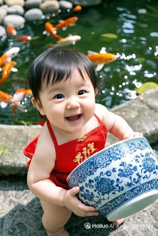 一条大锦鲤跳进碗中，溅起水花 小宝宝站起来，抱着碗（碗里锦鲤跃起跳舞） by Hailuo AI Video Generator