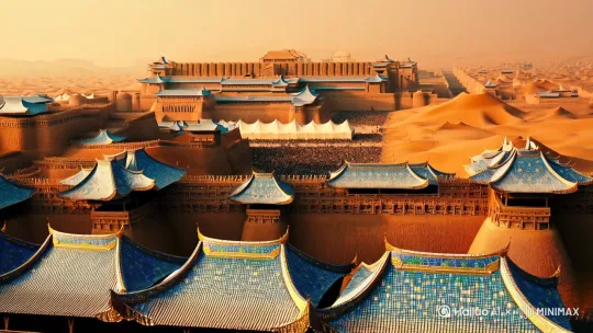 场景描述：西域楼兰古城鼎盛时期全景，夯土城墙镶嵌琉璃瓦，佛塔鎏金穹顶反射阳光，丝绸商队穿梭于棋盘街道。主体描述：环绕全景俯拍，展现三重城墙防御体系、中央宫殿群琉璃飞檐、市集帐篷连绵如云。动作描述：高空侧飞掠过百米城墙，俯冲穿越骆驼商队扬起沙尘，环绕佛塔时展示檐角风铃特写。视觉风格：8K超清沙粒质感，晨雾中透出金色晨光，采用黄昏低角度光照增强建筑立体雕刻纹饰。氛围：驼铃悠远与市集喧哗交织，沙暴将临时天际泛起紫红色，城墙烽火台升起狼烟。技术细节：HDR10动态范围，120°广角镜头，DJI Inspire 3飞行器三轴运镜，每秒120帧升格拍摄沙粒流动轨迹。 by Hailuo AI Video Generator