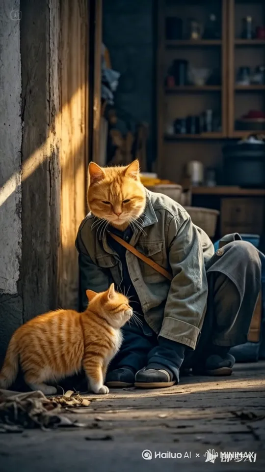 初中的图中的猫爸爸慢慢站了起来，依依不舍地向前走去，画面要真实 by Hailuo AI Video Generator