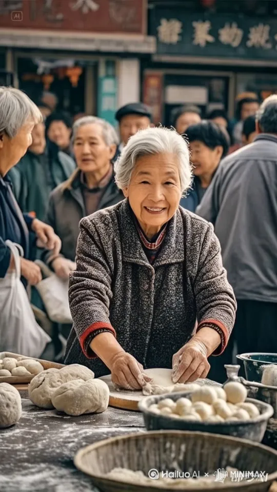 老奶奶宛如功夫高手降临，只见老奶奶高高跃起，一个托马斯回旋踢，双手如闪电般抓起面团在空中极速翻滚，同时双手用力拉面，面条瞬间一根一根在砧板上上下跳跃翻滚，然后老奶奶一个金鸡独立稳稳站立，另外一只脚高高抬起，手中面条左右开弓带起呼呼风声，引起周围围观的人们全都瞪大眼睛，满脸惊叹，有的不停拍手讲好 by Hailuo AI Video Generator