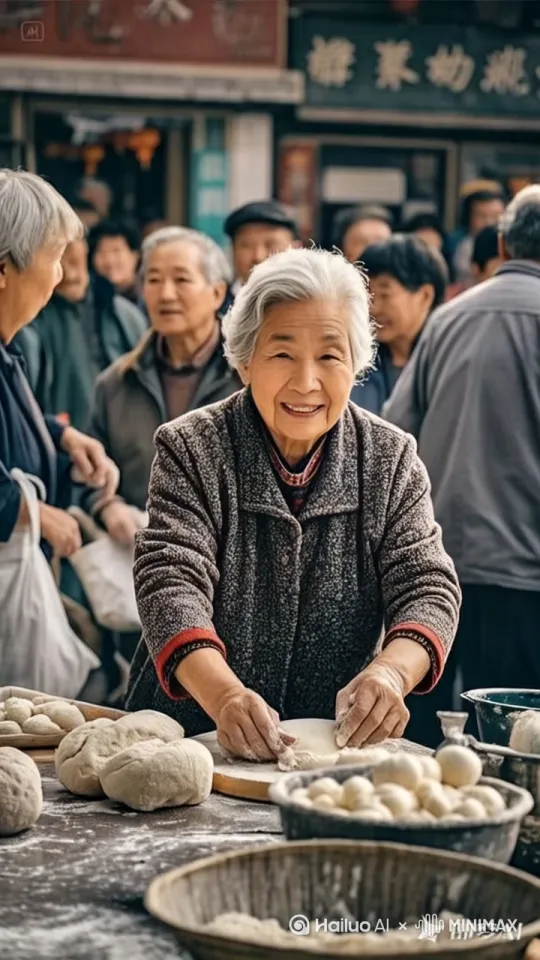 老奶奶宛如功夫高手降临，只见老奶奶高高跃起，一个托马斯回旋踢，双手如闪电般抓起面团在空中极速翻滚，同时双手用力拉面，面条瞬间一根一根在砧板上上下跳跃翻滚，然后老奶奶一个金鸡独立稳稳站立，另外一只脚高高抬起，手中面条左右开弓带起呼呼风声，引起周围围观的人们全都瞪大眼睛，满脸惊叹，有的不停拍手讲好 by Hailuo AI Video Generator
