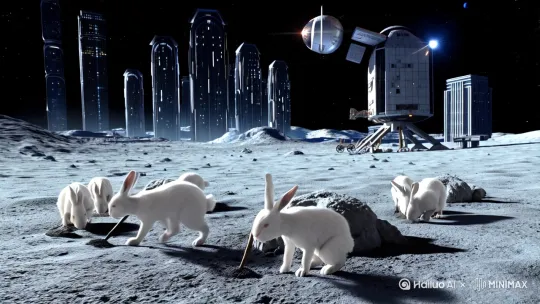 在月球上，有四五个白色兔子，有的兔子在不同的地方拿着锄头挖土盖房子，有的兔子推着装有泥土的小车，旁边有几栋高楼大厦，一座太空舱，嫦娥姐姐穿着红色汉服，头带凤凰叉，坐一块大石头上在监督兔子工作。远处的太空还能看见蓝色地球。以及其它星球。 by Hailuo AI Video Generator
