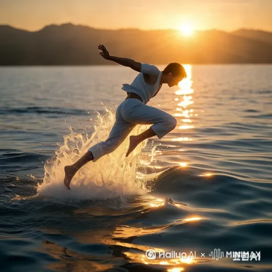 [左移,上升]在水上快速弧线滑行把水面劈开一条浅浅的弧形水沟，水浪向两边翻涌激射[右移,左摇,跟随] by Hailuo AI Video Generator