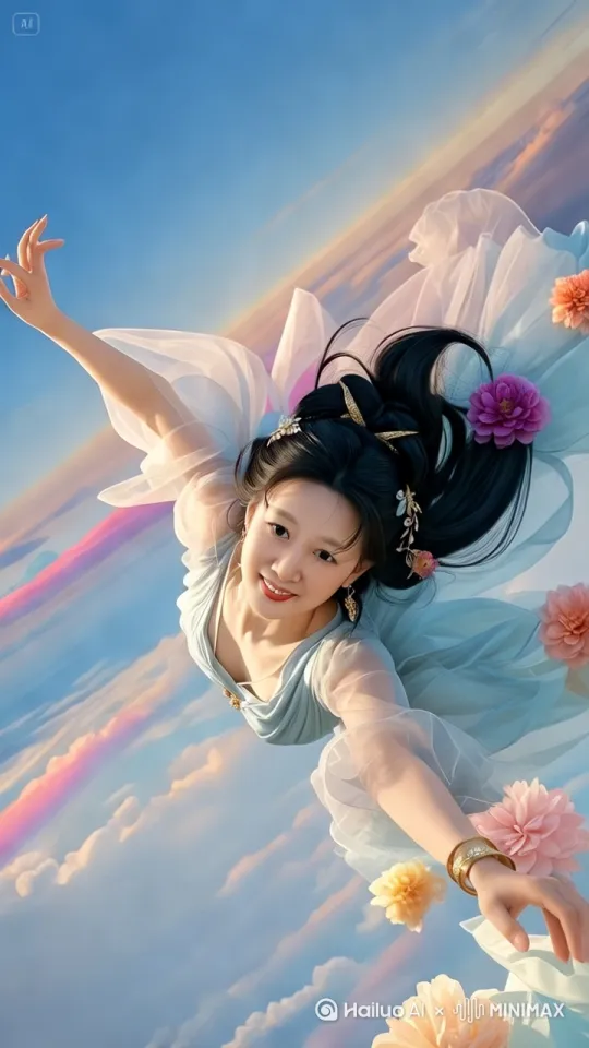 美女悬浮在低空向前飞行。快速向前飞行。都穿越在云海。编辑俯拍捕捉飞行。我跟随。 by Hailuo AI Video Generator
