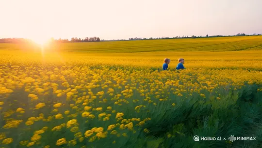 清晨，一缕阳光洒在田野上，满地的油菜花，两个小男孩在奔跑 by Hailuo AI Video Generator