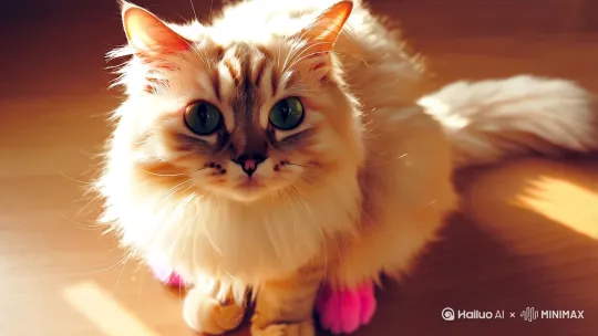 Cute cat sitting with big round eyes, fluffy fur, pink paw pads, anime style, warm sunlight, 4K detailed by Hailuo AI Video Generator