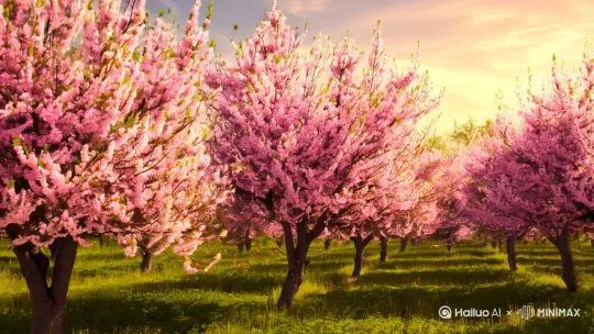 春暖花开，桃李满天下，燕雀归巢，蜂蝶劲舞， by Hailuo AI Video Generator
