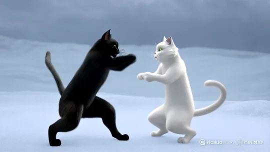 在这冰天雪地的世界里，一片洁白中，一只黑猫和一只白猫正展开一场惊心动魄的中国功夫对决。
黑猫身形一闪，犹如一道黑色的闪电，率先发起凌厉攻击，它的拳头带着呼呼风声，如流星般直击白猫头部。白猫却毫不慌乱，只见它腰肢一扭，身形迅速侧身闪躲，动作行云流水，恰到好处地避开了黑猫的猛击。紧接着，白猫顺势挥出一拳，这一拳刚猛有力，拳风呼啸而出，带起四周纷纷扬扬的雪花，形成一道美丽的雪雾。
黑猫眼见攻击落空，丝毫没有迟疑，它瞅准时机，后腿猛地发力，抬腿猛踢向白猫腹部。那踢出的腿仿佛蕴含着千钧之力，划破冰冷的空气。
两只猫的动作衔接紧密，节奏分明，一招一式都充满了力量感。它们在雪地中腾挪跳跃，每一次的出击都精准而迅猛，每一次的防守都巧妙而灵活。雪花在它们的拳风腿影中飞舞，仿佛也被这精彩的对决所震撼。
它们的身姿矫健，动作凌厉，将中国功夫的独特魅力展现得淋漓尽致。在这寒冷的冰天雪地中，这场猫之间的功夫对决，成为了最引人注目的风景。[右移,左摇,跟随] by Hailuo AI Video Generator