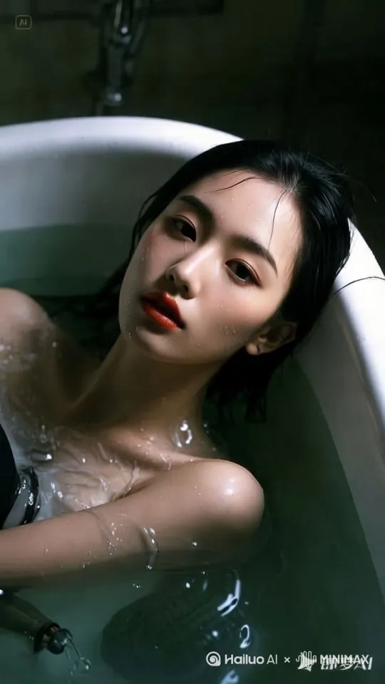 东方美女，身材俱佳，皮肤一弹可破，躺在浴盆中，清洗一天的疲惫，嘴唇微红，高清写真搭配微暗灯光效果，显疲惫的脸上，挂着晶莹的水珠，最后起身水芙蓉的效果，镜头由远拉近，直到局部特写，高清 by Hailuo AI Video Generator