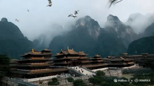 生成一座群山怀抱的古代庄园，几十座宫殿错落在山脚下，远山烟雾缭绕，云鹤九霄，庄园前面大门高耸，一汉服男子抱剑站在大门前，目光深遂[右移,左摇,跟随] by Hailuo AI Video Generator