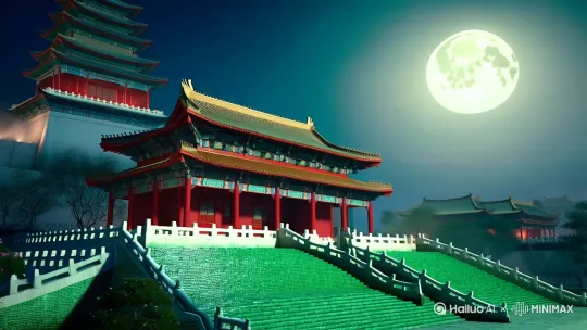 《清明夜》·唐·白居易
好风胧月清明夜，碧砌红轩刺史家。
独绕回廊行复歇，遥听弦管暗看花。
写清明月夜的静谧与闲适。
第一人称视角，模拟古人提灯夜行
月光洒在青瓦上，冷色调夜景
《长安三万里》：唐代盛景，诗歌意境
电影感[推出,上升,下摇] by Hailuo AI Video Generator
