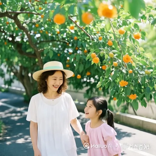 妈妈牵着孩子的手，孩子开心的笑 by Hailuo AI Video Generator