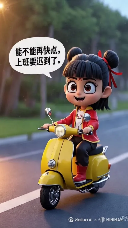 旁边有别的人骑着摩托车，哪吒超速通过 电影质感 高清 by Hailuo AI Video Generator