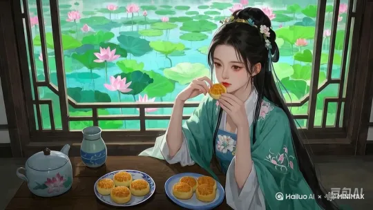开始：低角度近地面  过程：垂直俯视向上提升 结束：高空鸟瞰
特点：逐渐揭示整体女孩画面，镜头稳定无摇晃    整体：微风吹动，发丝微动，水波微荡，荷叶微晃，主题人物在吃糕点 by Hailuo AI Video Generator
