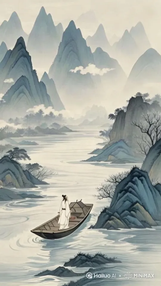 超高清画面从高空俯瞰，展示轻舟在群山之间的渺小身影以及群山的磅礴气势。轻舟快速前行，同时画面色调以青绿色为主，突出山水的壮美。古风音乐节奏此时稍有放缓，带着一丝余韵，让观众在感受壮丽景色的同时，也体会到李白行程的畅快与轻松。 by Hailuo AI Video Generator