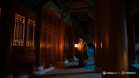 第一人称视角，夜晚，古人挑灯独自，在中国古建筑回廊里慢步，【中景构图】。看向长廊外的桃花[左移,右摇,跟随]。
《长安三万里》：唐代盛景，诗歌意境
电影感 by Hailuo AI Video Generator