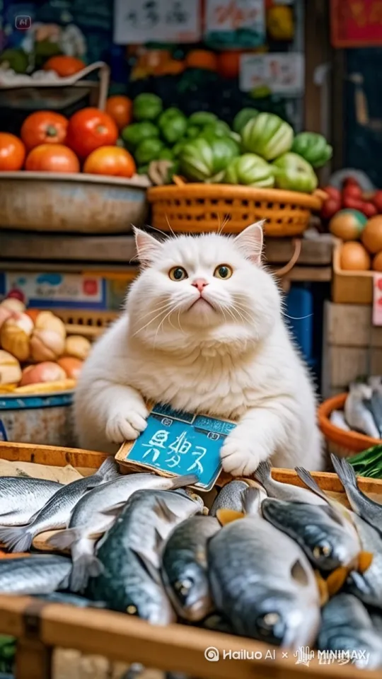 [左移,上升]猫咪把手中牌子举起来大声吆喝
并一边指着牌子一边指着鱼 by Hailuo AI Video Generator