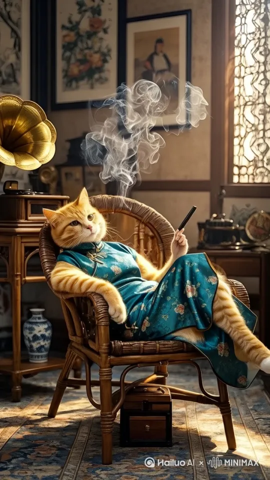 一只拟人化的橘猫躺在躺椅上惬意地抽烟，把手上的烟放在嘴边抽了一口。自然过渡，自然顺畅。 by Hailuo AI Video Generator