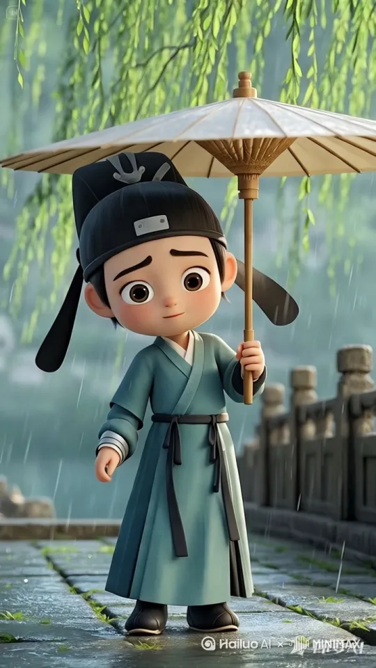 清明雨幕中，身着传统服饰的孩童撑着纸伞，在湿润石板路上徐行，柳枝轻摆，雨滴滑落，氛围感拉满 。[固定镜头] by Hailuo AI Video Generator
