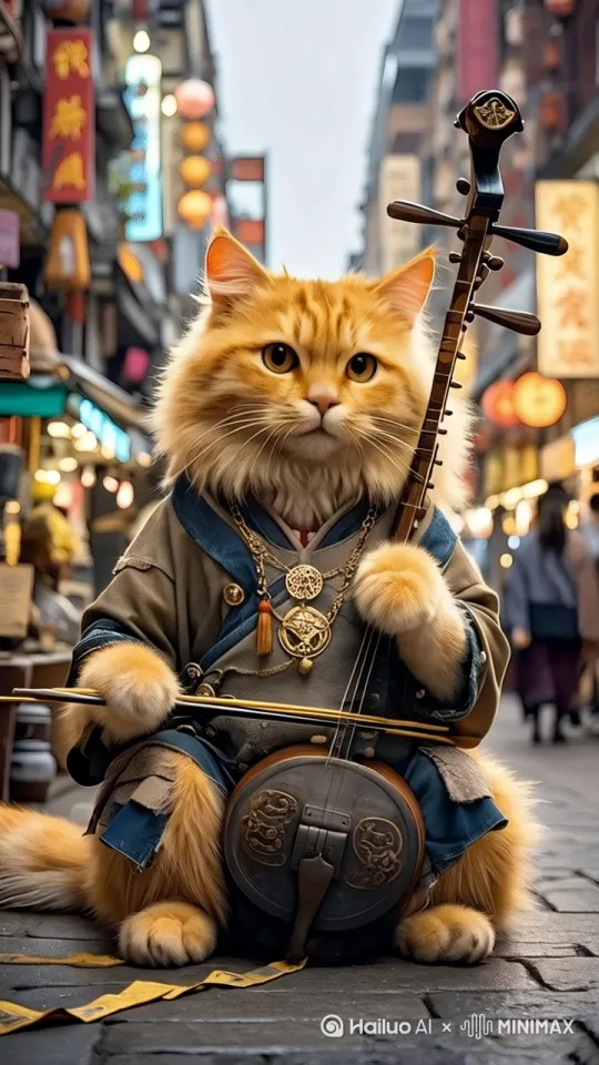 一只拟人化的橘猫坐在地上拉二胡。自然过渡，自然顺畅。 by Hailuo AI Video Generator