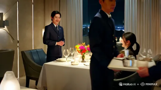 ### 场景描述：饭店服务人员在为两个情侣提供服务

为了更好地呈现这个场景，我们可以从**环境布置**、**人物互动**、**服务细节**以及**氛围营造**等多个角度进行详细描述。以下是一个完整的场景设定和分镜头脚本，帮助你更好地理解和呈现这个画面。

---

### 场景设定

#### 环境布置：
- **地点**：一家高档餐厅，装修风格现代而优雅，灯光柔和，背景音乐轻柔，营造出一种浪漫而舒适的氛围。
- **餐桌**：一张两人桌，铺着洁白的桌布，中央摆放着一小瓶鲜花。桌上摆放着精致的餐具和玻璃器皿。
- **座位**：情侣坐在靠窗的位置，可以欣赏到窗外的夜景。

#### 人物：
- **服务人员**：一位穿着整齐制服的服务员，面带微笑，态度亲切。
- **情侣**：一对年轻情侣，穿着得体，气氛温馨。

---

### 分镜头脚本

#### 镜头1：全景展示
- **画面**：展示餐厅的全景，柔和的灯光，轻柔的背景音乐，情侣坐在靠窗的位置，桌上摆放着精致的餐具和鲜花。
- **时长**：5秒
- **音乐/音效**：轻柔的背景音乐，轻微的环境噪音（如餐具碰撞声、低语声）
- **描述**：通过全景展示餐厅的环境，营造出一种高档、浪漫的氛围。

#### 镜头2：服务人员走近
- **画面**：服务人员面带微笑，手持菜单，稳步走向情侣的餐桌。
- **时长**：3秒
- **音乐/音效**：轻柔的背景音乐，轻微的脚步声
- **描述**：服务人员的步伐轻盈而稳重，表现出专业和亲切。

#### 镜头3：服务人员递上菜单
- **画面**：服务人员微笑着将菜单递给情侣，并轻声询问：“请问现在可以为您们点餐了吗？”
- **时长**：4秒
- **音乐/音效**：轻柔的背景音乐，轻微的说话声
- **描述**：服务人员的语气温和，表现出对顾客的尊重和关心。

#### 镜头4：情侣点餐
- **画面**：情侣翻看菜单，互相讨论，最终决定点餐。服务人员在旁边耐心等待，不时点头示意。
- **时长**：6秒
- **音乐/音效**：轻柔的背景音乐，轻微的翻页声，低语声
- **描述**：情侣之间的互动温馨而自然，服务人员的耐心等待表现出专业素养。

#### 镜头5：服务人员记录点餐
- **画面**：服务人员迅速而准确地记录下情侣的点餐，并重复确认：“您们点的是一份牛排和一份烤三文鱼，对吗？”
- **时长**：5秒
- **音乐/音效**：轻柔的背景音乐，轻微的写字声
- **描述**：服务人员的记录迅速而准确，重复确认表现出对顾客的负责。

#### 镜头6：服务人员上菜
- **画面**：服务人员端着一盘精美的菜肴，微笑着走向餐桌，将菜肴轻轻放在桌上，并轻声说：“请慢用。”
- **时长**：5秒
- **音乐/音效**：轻柔的背景音乐，轻微的餐具碰撞声
- **描述**：服务人员的动作轻盈而稳重，表现出对顾客的尊重和关心。

#### 镜头7：情侣用餐
- **画面**：情侣开始用餐，互相微笑，偶尔低声交谈，气氛温馨。
- **时长**：6秒
- **音乐/音效**：轻柔的背景音乐，轻微的刀叉声，低语声
- **描述**：情侣之间的互动温馨而自然，表现出对美食的享受和对彼此的关心。

#### 镜头8：服务人员观察
- **画面**：服务人员在不远处观察，看到情侣用餐愉快，满意地点点头，然后转身离开。
- **时长**：4秒
- **音乐/音效**：轻柔的背景音乐，轻微的脚步声
- **描述**：服务人员的观察表现出对顾客的关心和负责。

#### 镜头9：服务人员提供额外服务
- **画面**：服务人员看到情侣的酒杯空了，微笑着走过去，轻声询问：“需要再为您们添一些酒吗？”
- **时长**：4秒
- **音乐/音效**：轻柔的背景音乐，轻微的说话声
- **描述**：服务人员的询问表现出对顾客的关心和周到。

#### 镜头10：情侣回应
- **画面**：情侣微笑着回应：“好的，谢谢。”服务人员迅速而准确地为他们添酒。
- **时长**：4秒
- **音乐/音效**：轻柔的背景音乐，轻微的倒酒声
- **描述**：情侣的回应温馨而自然，服务人员的动作迅速而准确。

#### 镜头11：服务人员离开
- **画面**：服务人员微笑着点头示意，然后转身离开，继续关注其他顾客。
- **时长**：3秒
- **音乐/音效**：轻柔的背景音乐，轻微的脚步声
- **描述**：服务人员的离开表现出对顾客的尊重和持续的关注。

---

### 视频制作指南

1. **拍摄准备**
   - **设备**：使用高清摄像机或智能手机，确保画面清晰。
   - **灯光**：使用柔和的灯光，营造温馨、浪漫的氛围。 by Hailuo AI Video Generator