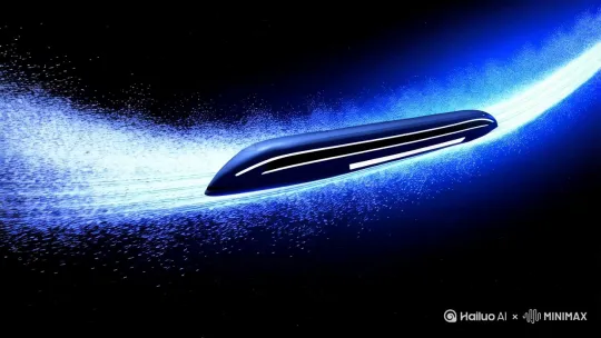 在星际黑色空间中，一列无轨高铁以倾斜视角在蓝色和白色粒子旋涡中穿行，画面简约干净，高铁的设计和动作都呈现出极简主义风格，背景是深蓝黑渐变，气氛高级而神秘，4K高清， by Hailuo AI Video Generator