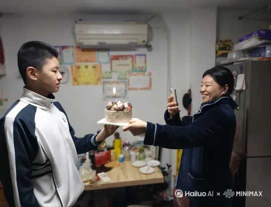 日日快乐，孩子开心的大笑，妈妈给拍照，把蛋糕递到孩子手上。 by Hailuo AI Video Generator