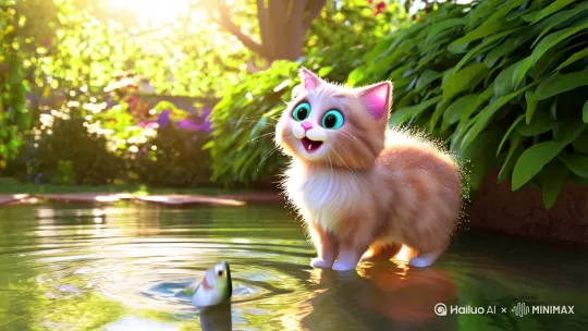 一只小猫钓到一条小鱼，高兴得手舞足蹈。 by Hailuo AI Video Generator