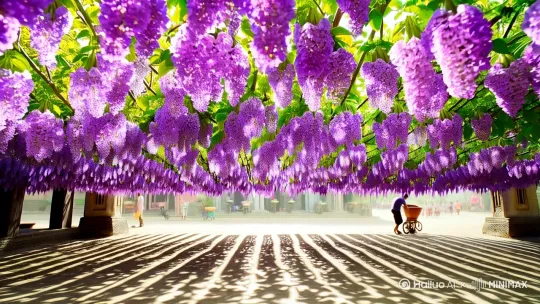 **视频脚本:《紫藤糖事》**
**画面1(开篇):**
- **镜头**:仰拍紫藤花架,淡紫色的花串如瀑布垂落,阳光透过花瓣,洒下斑驳的光影。
- **音效**:微风轻拂,花瓣微微颤动,远处隐约的市井声(孩童嬉笑、小贩吆喝)。
- **字幕**(手写体浮现):"紫藤花开时,糖是甜的。"
**画面2(引入人物):**
- **镜头**:缓慢下移,紫藤花架下,一位穿灰布衫的老人坐在矮凳上,低头熬糖。他的铁锅冒着热气,木勺搅动琥珀色的糖浆。
- **特写**:老人粗糙的手指捏起糖稀,拉出细丝,缠绕成蝴蝶或小猴的形状。
- **音效**:糖浆"咕嘟"声,竹签轻碰陶碗的脆响。
**画面3(旁观者):**
- **镜头**:小女孩拽着母亲衣角驻足,眼睛盯着糖人。母亲掏出零钱,老人笑着递过糖人,女孩舔了一口,笑得比花还明亮。
- **空镜**:一片紫藤花瓣飘落,粘在糖人上,老人轻轻拂去。
**画面4(隐喻):**
- **蒙太奇**:
- 老人熬糖的手与紫藤花影重叠;
- 糖浆流动如花串垂落;
- 蜜蜂采蜜与老人熬糖交替闪现。
- **画外音**(老人沙哑的方言):"糖要熬到火候,少一分太软,多一分就苦咯。"
**画面5(尾声):**
- **镜头**:夕阳西斜,花架下只剩空凳。地上零星的花瓣和半截融化的糖人。
- **远景**:卖玩具的年轻人推车走来,瞥见落花,摇了摇头。
- **字幕**(渐隐):"后来,花谢了,糖也不甜了。"
**调色建议**:
- 主色调:紫藤的淡紫与糖浆的暖黄形成对比;
- 老人场景偏暗褐,突出质感;孩童镜头增加饱和度。
**音乐**:
- 三味线或古筝轻奏,间杂风铃声,结尾处渐弱为无声。
(如需分镜脚本或配乐参考,可进一步细化。) by Hailuo AI Video Generator
