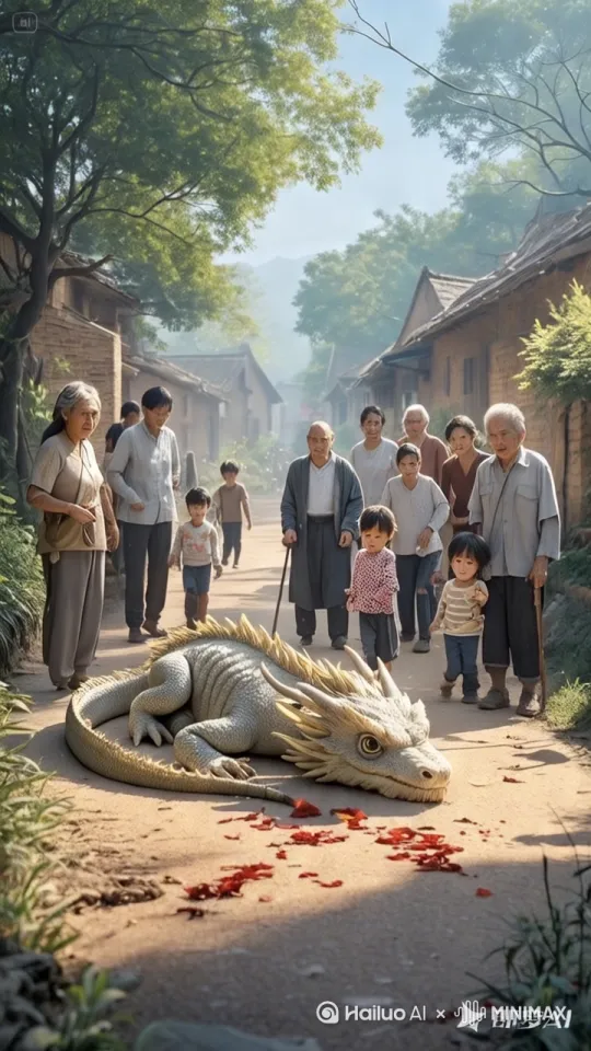 龙猛地抖动了一头，一跃而起，围观的村民吓的连连后退，目瞪口呆 by Hailuo AI Video Generator