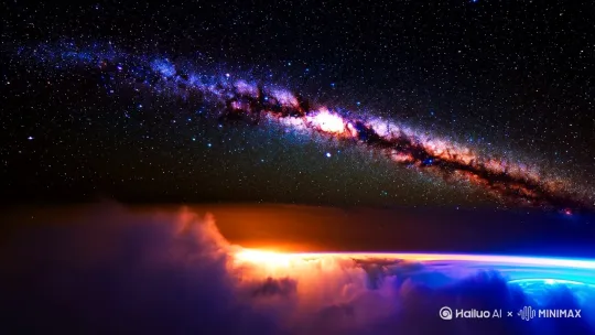 在宇宙的深邃幕布下，一幅壮丽的星河图景徐徐展开。银河似一条璀璨的光带，横跨天际，由无数闪烁的星辰汇聚而成。
 
那些星辰，或明或暗，或大或小，宛如镶嵌在黑色绸缎上的宝石。暖橙色与深邃蓝色交织，在星云中晕染开来，仿佛是宇宙在不经意间泼洒的绚丽油彩。星云如缥缈的烟雾，在恒星光芒的映照下，呈现出如梦似幻的形状，似在诉说着宇宙深处的神秘故事。很大很壮观的七彩虹云延伸到宇宙深处
 
在这浩渺的背景下，地球的轮廓隐约可见，那一抹淡蓝色的弧线，是生命的摇篮，与无垠星空相互映衬，更显宇宙的广袤与深邃，让人不禁对这无尽的宇宙空间心生敬畏与遐想。[推进] by Hailuo AI Video Generator
