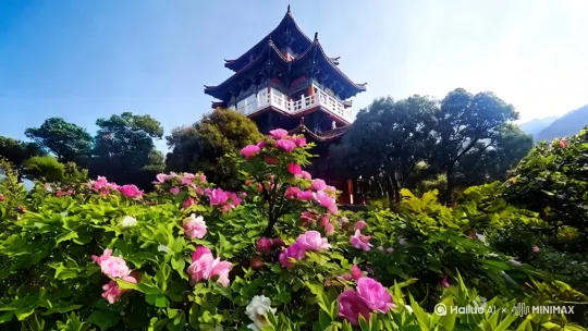 牡丹、树木、楼台层次分明有立体感。[右移,左摇,跟随] by Hailuo AI Video Generator