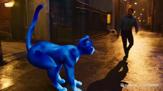 一直蓝色的一只蓝色的猫正在跟泰森打架 by Hailuo AI Video Generator