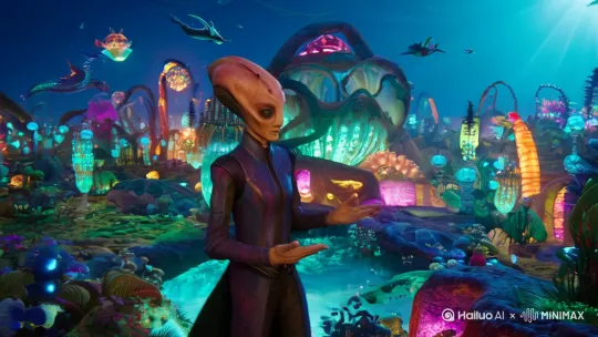 [右移,跟随]
一个外星人讲解他们的世界，
[下降,上摇]
他们的星球一切都是智能体，
[左移,上升]
能飞能潜水，
[上升,左移]
吃的食物可以撑1年之久，
发挥奇异想象。 by Hailuo AI Video Generator