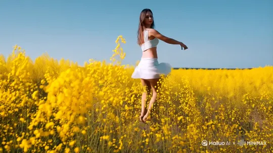 乛帮我生成一个美女上身穿短褂漏肚脐，下边穿超短裙在油菜花地里跳舞 by Hailuo AI Video Generator