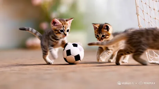 一只小猫带球突破另一只小猫，然后射门得分，小猫滑跪庆祝，滑跪庆祝时给进球的小猫近景特写。 by Hailuo AI Video Generator